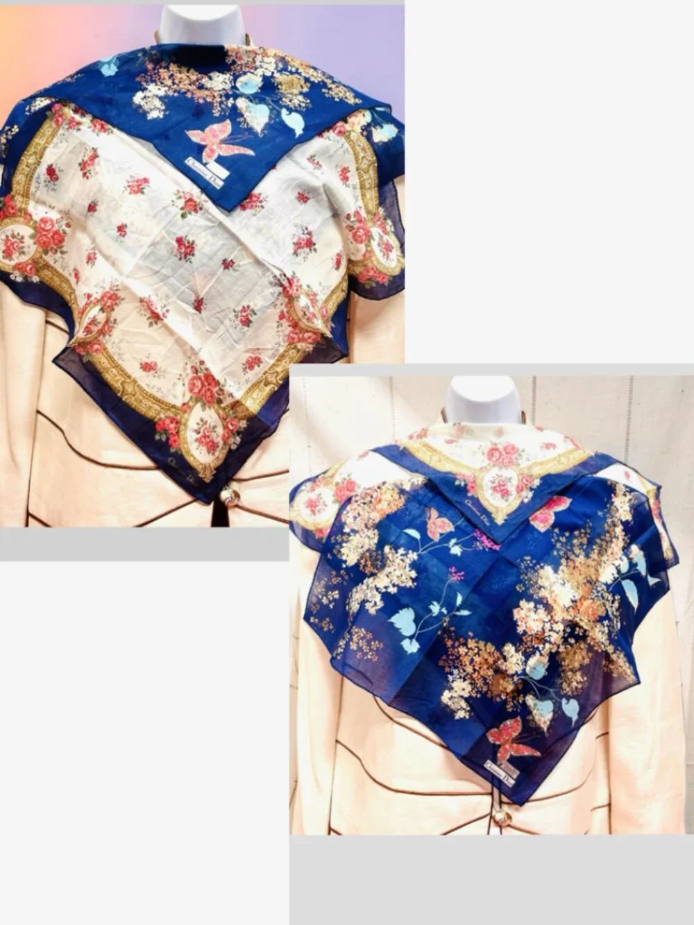 2)  New -  Christian Dior  cotton made 19  Mini scarf/Neck-kerchief blue pink(20